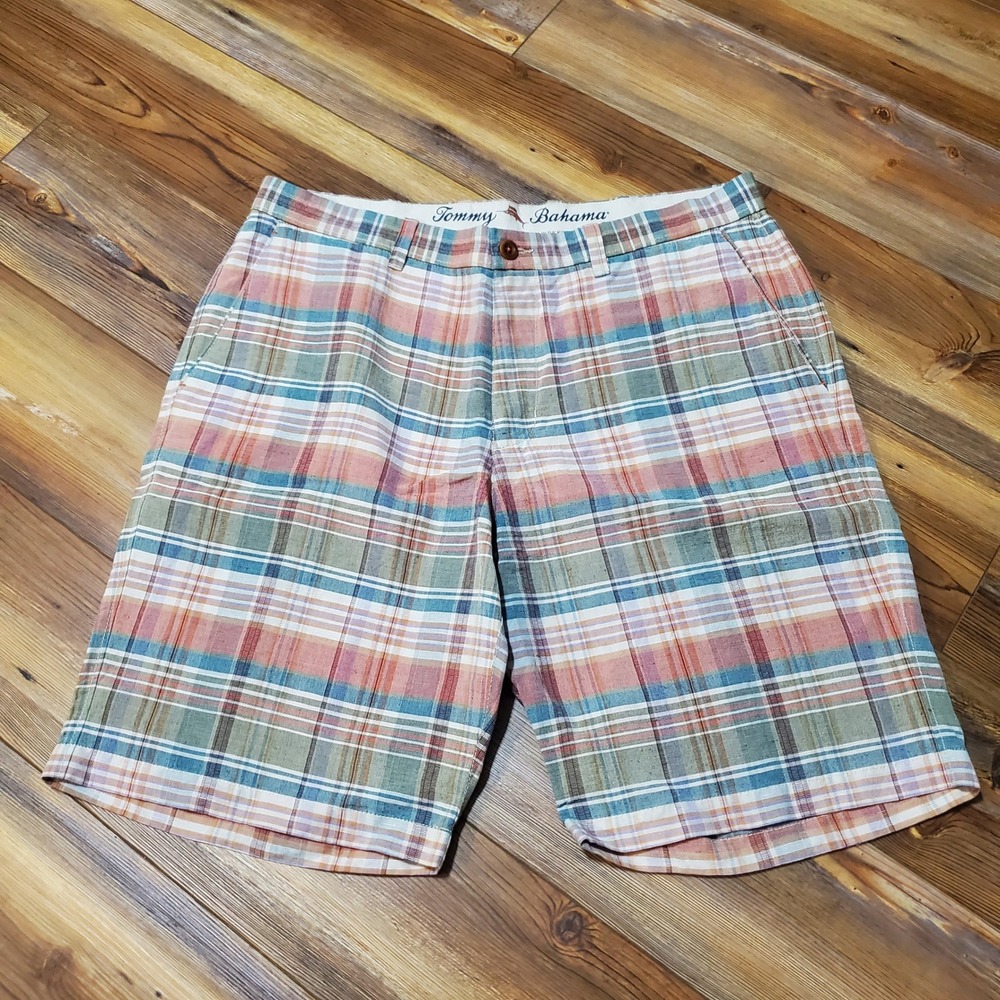 Tommy‎ Bahama Mens 35 Plaid Shorts Linen Tencel Blend Multicolor Flat Front 10in